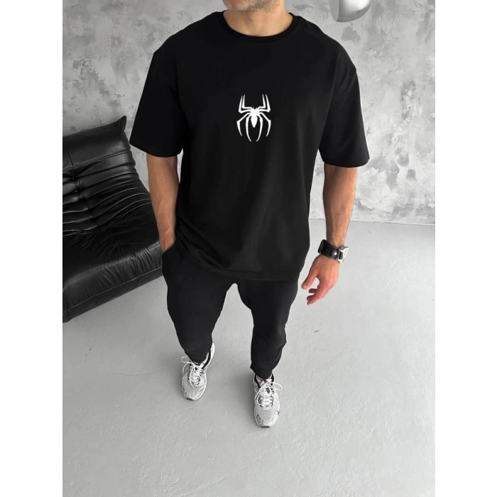 Erkek Kısa Kol Tişört Bisiklet Yaka ÖRÜMCEK Baskılı Oversize T-Shirt - Siyah
