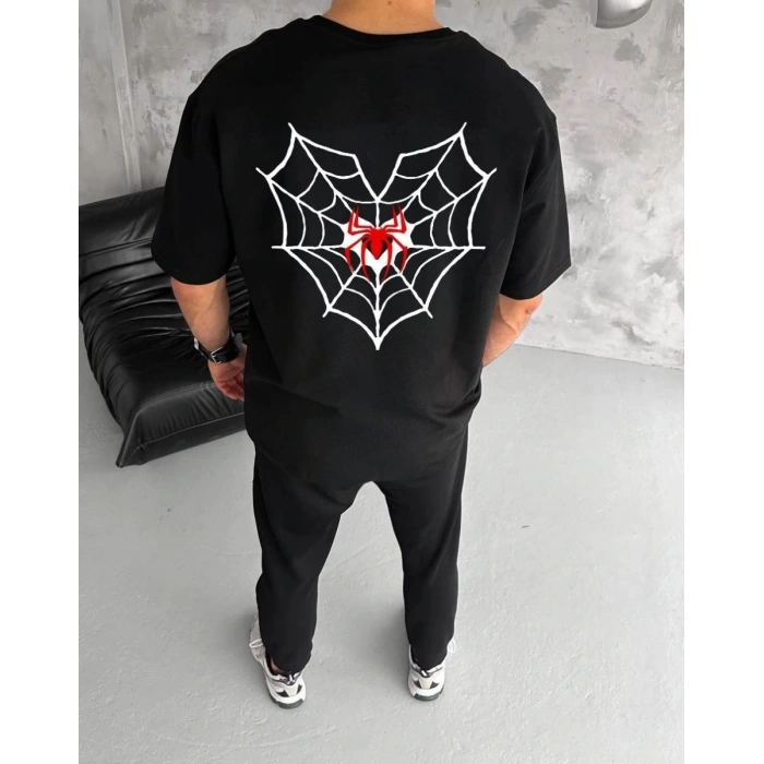 Erkek Kısa Kol Tişört Bisiklet Yaka ÖRÜMCEK Baskılı Oversize T-Shirt - Siyah