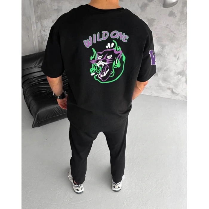 Erkek Kısa Kol Tişört Bisiklet Yaka W Wildone Baskılı T-Shirt - Siyah