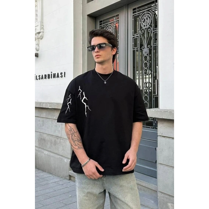 Erkek Kısa Kol Tişört Bisiklet Yaka Yıldırım Baskılı Oversize T-Shirt - Siyah