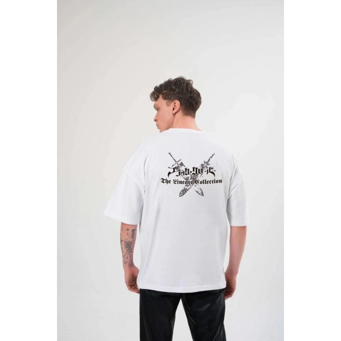 Erkek Kısa Kol Tişört Bisiklet Yaka YONCA Baskılı Oversize T-Shirt -  Beyaz