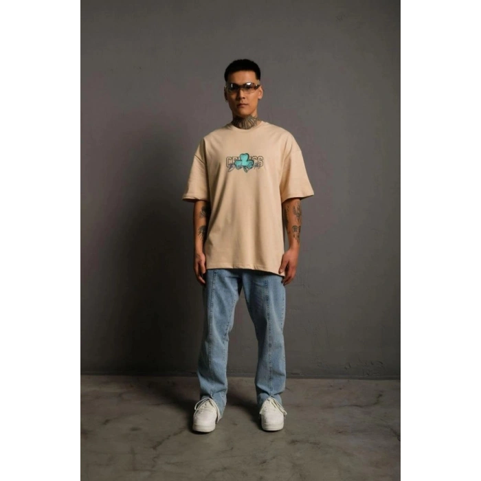 Erkek Kısa Kol Yazlık Tişört Bisiklet Yaka Baskılı Oversize T-Shirt - Bej