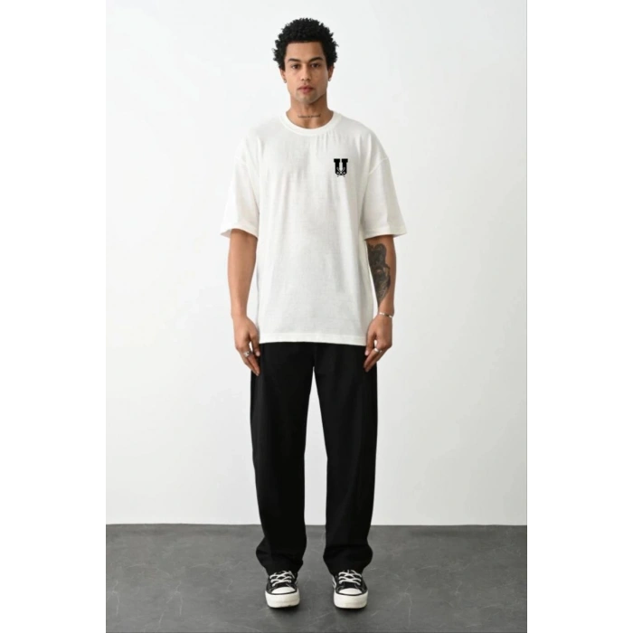 Erkek Kısa Kol Yazlık Tişört Bisiklet Yaka Baskılı Oversize T-Shirt - Beyaz