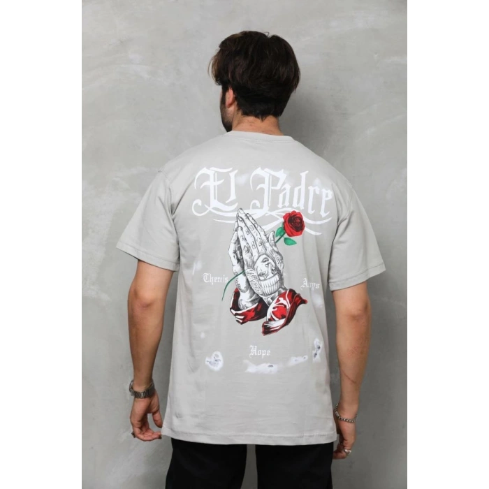 Erkek Kısa Kol Yazlık Tişört Bisiklet Yaka Baskılı Oversize T-Shirt - Gri