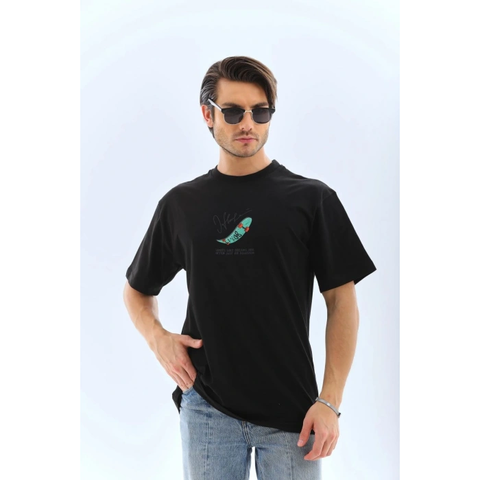 Erkek Kısa Kol Yazlık Tişört Bisiklet Yaka Baskılı Oversize T-Shirt - Siyah