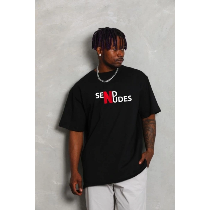 Erkek Kısa Kol Yazlık Tişört Bisiklet Yaka Baskılı Oversize T-Shirt - Siyah