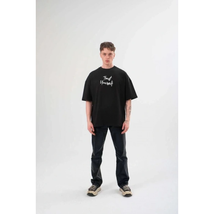 Erkek Kısa Kol Yazlık Tişört Bisiklet Yaka Baskılı Oversize T-Shirt - Siyah