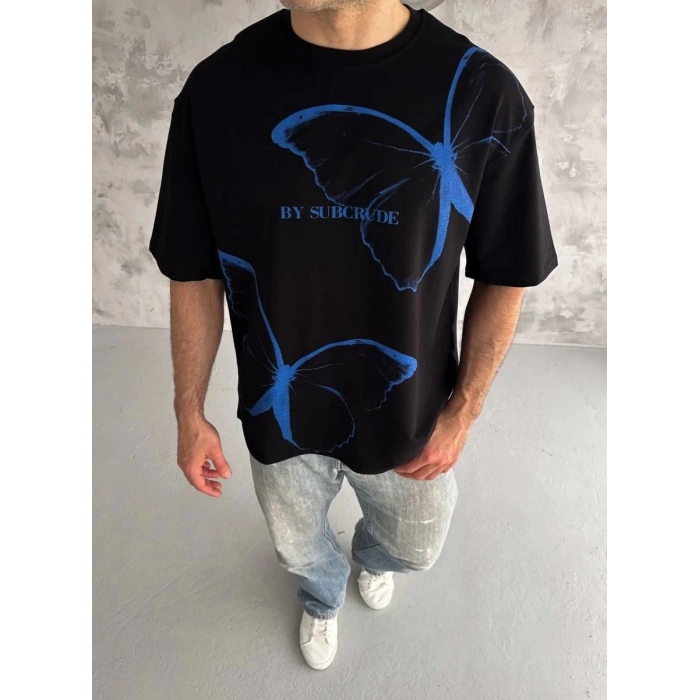 Erkek Kısa Kol Yazlık Tişört Bisiklet Yaka Baskılı Oversize T-Shirt - Siyah