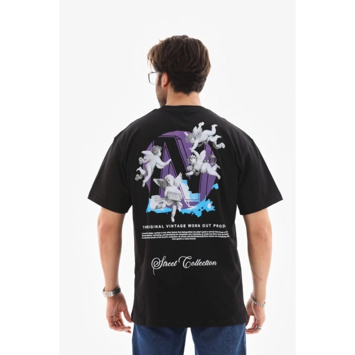 Erkek Kısa Kol Yazlık Tişört Bisiklet Yaka Baskılı Oversize T-Shirt - Siyah