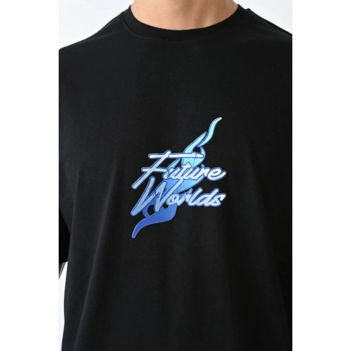 Erkek Kısa Kol Yazlık Tişört Bisiklet Yaka Baskılı Oversize T-Shirt - Siyah