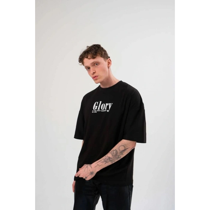 Erkek Kısa Kol Yazlık Tişört Bisiklet Yaka Baskılı Oversize T-Shirt -  Siyah