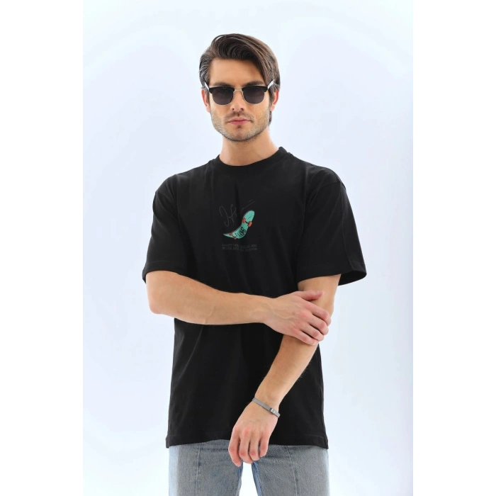 Erkek Kısa Kol Yazlık Tişört Bisiklet Yaka Baskılı Oversize T-Shirt - Siyah