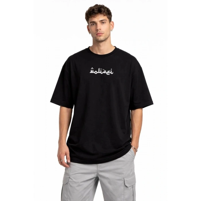 Erkek Kısa Kol Yazlık Tişört Bisiklet Yaka Baskılı Oversize T-Shirt - Siyah