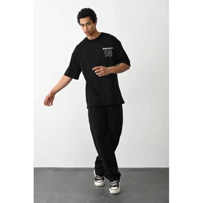 Erkek Kısa Kol Yazlık Tişört Bisiklet Yaka Baskılı Oversize T-Shirt - Siyah