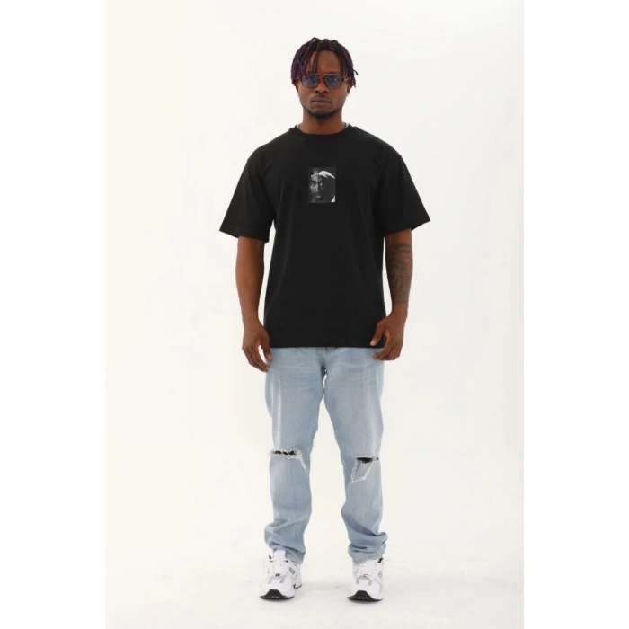 Erkek Kısa Kol Yazlık Tişört Bisiklet Yaka Baskılı Oversize T-Shirt - Siyah