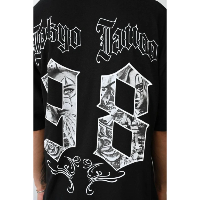 Erkek Kısa Kol Yazlık Tişört Bisiklet Yaka Baskılı Oversize T-Shirt - Siyah