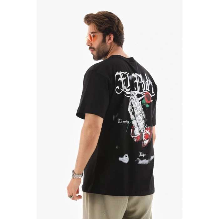 Erkek Kısa Kol Yazlık Tişört Bisiklet Yaka Baskılı Oversize T-Shirt - Siyah