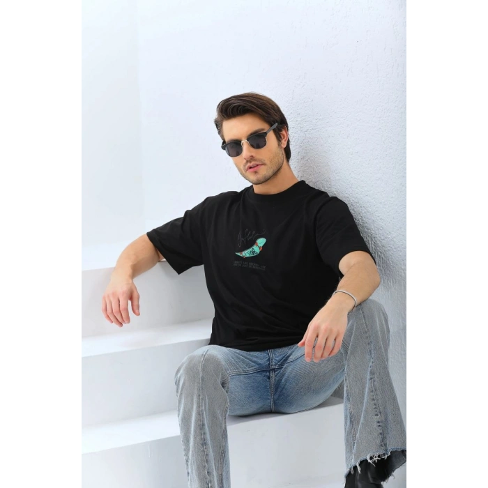 Erkek Kısa Kol Yazlık Tişört Bisiklet Yaka Baskılı Oversize T-Shirt - Siyah