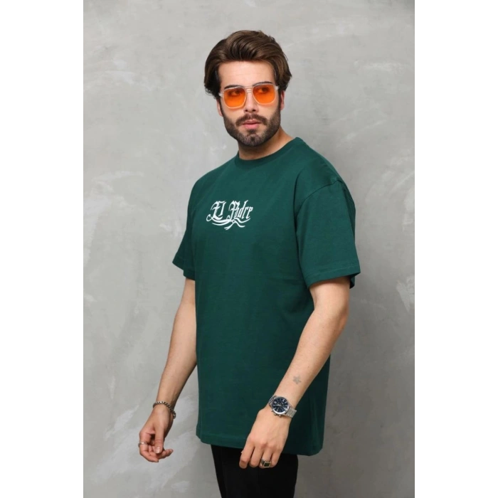 Erkek Kısa Kol Yazlık Tişört Bisiklet Yaka Baskılı Oversize T-Shirt - Yeşil
