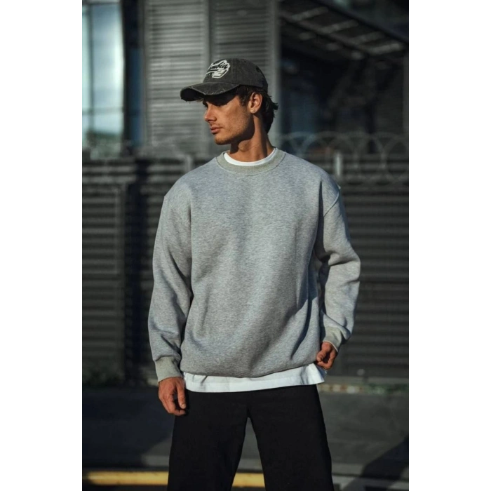 Erkek Kışlık Bisiklet Yaka 3 İplik Basic SweatShirt - Gri