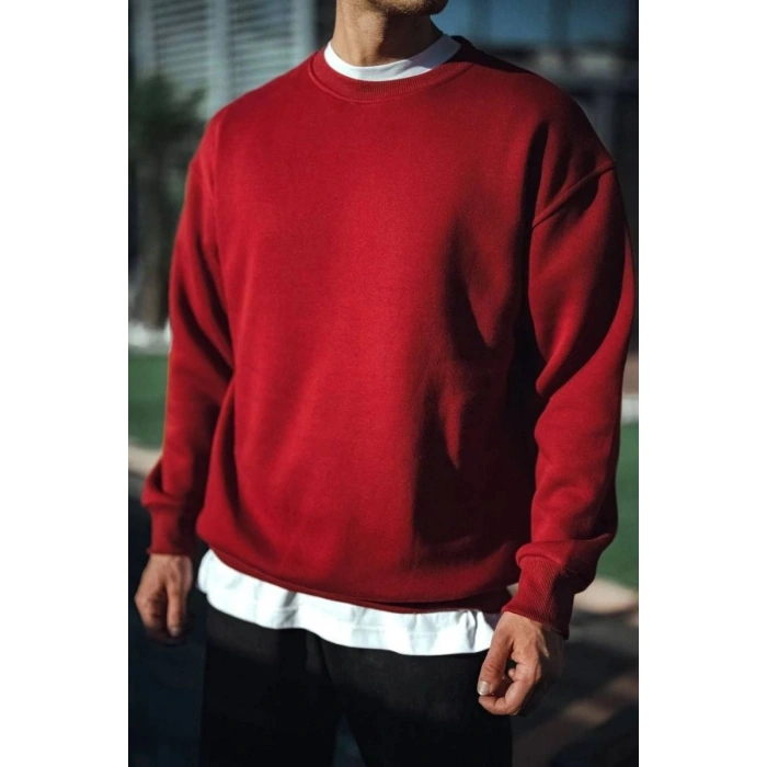 Erkek Kışlık Bisiklet Yaka Üç İplik Basic SweatShirt - Bordo