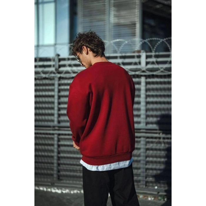 Erkek Kışlık Bisiklet Yaka Üç İplik Basic SweatShirt - Bordo