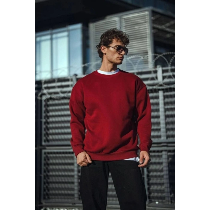 Erkek Kışlık Bisiklet Yaka Üç İplik Basic SweatShirt - Bordo