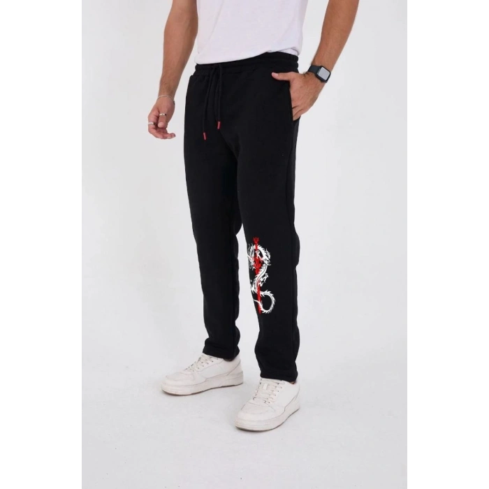 Erkek Kışlık Üç İplik Baskılı Eşofman Pantolon - Siyah