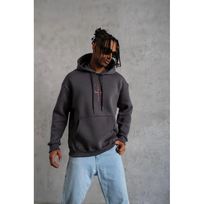 Erkek Kordonlu Arka Maske Kordon Saçlı 3 iplik pamuklu Kapüşonlu sweatshirt - Füme