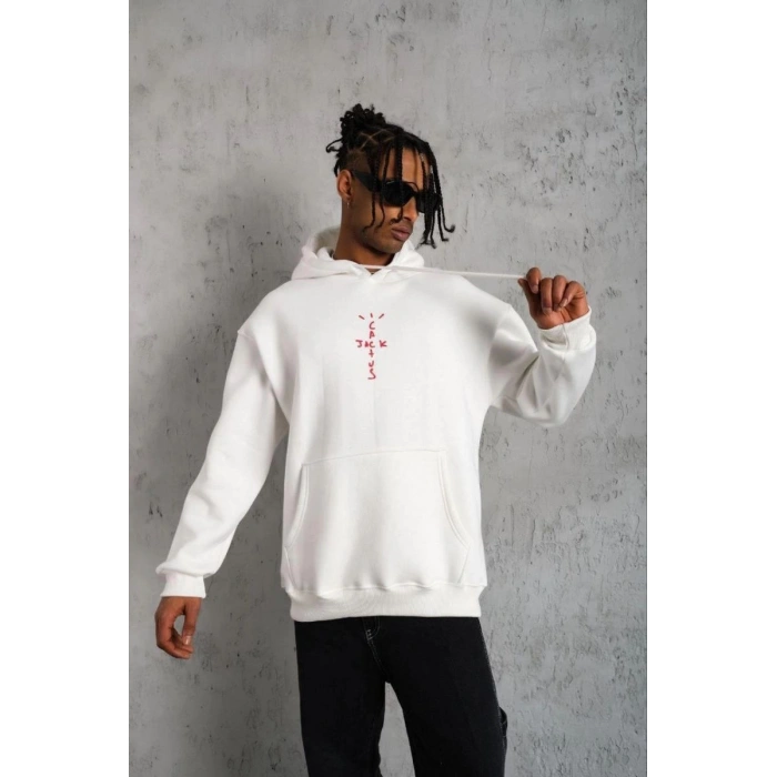 Erkek Kordonlu Arka Maske Kordon Saçlı Kapüşonlu sweatshirt hoodie - Beyaz