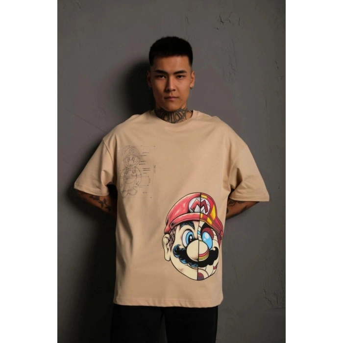 Erkek Mario Baskılı T-Shirt Oversize Kısa kol Bisiklet yaka tişort - Bej