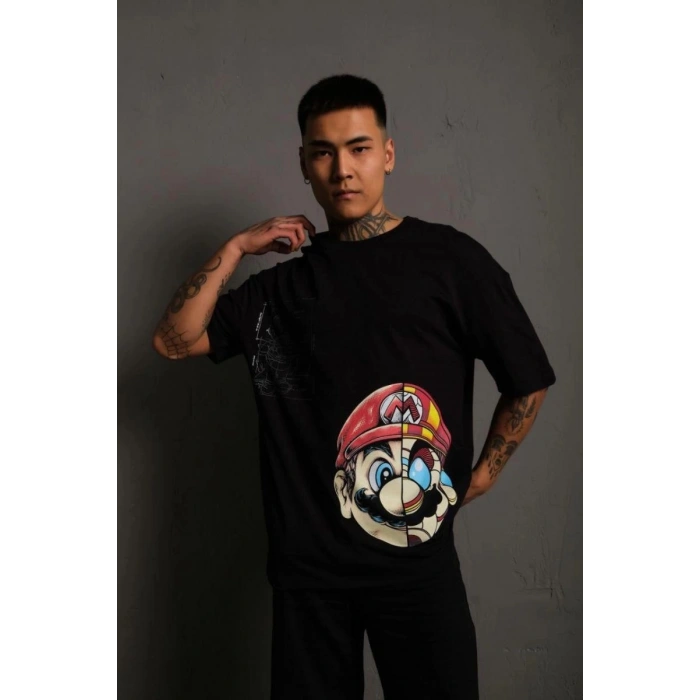 Erkek Mario Baskılı T-Shirt Oversize Kısa kol Bisiklet yaka tişort - Siyah