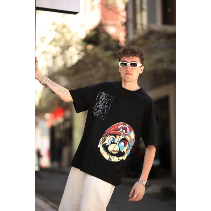 Erkek Mario Baskılı T-Shirt Oversize Kısa kol Bisiklet yaka tişort - Siyah