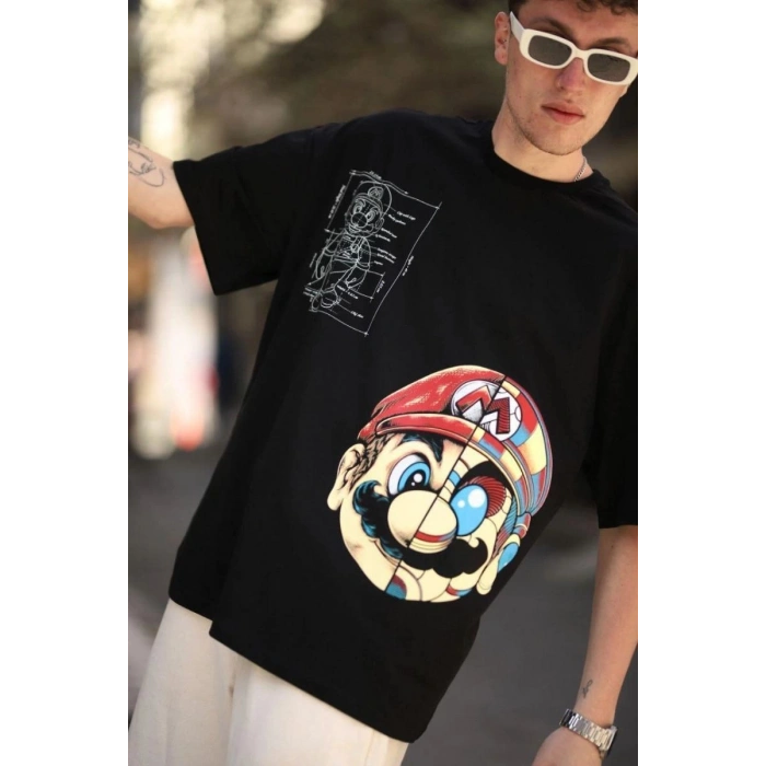 Erkek Mario Baskılı T-Shirt Oversize Kısa kol Bisiklet yaka tişort - Siyah