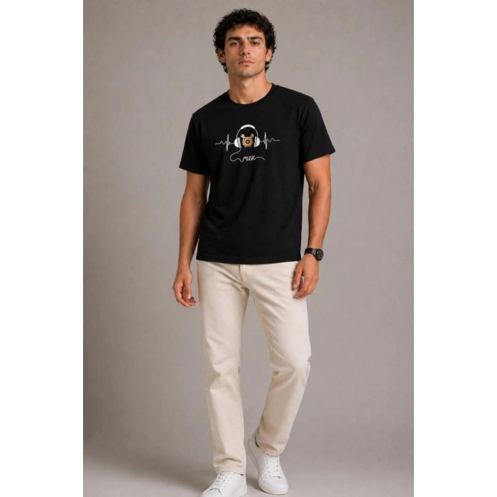 Erkek Müzik Temalı Baskılı Tişört Bisiklet Yaka Kısa Kol T-Shirt - Siyah