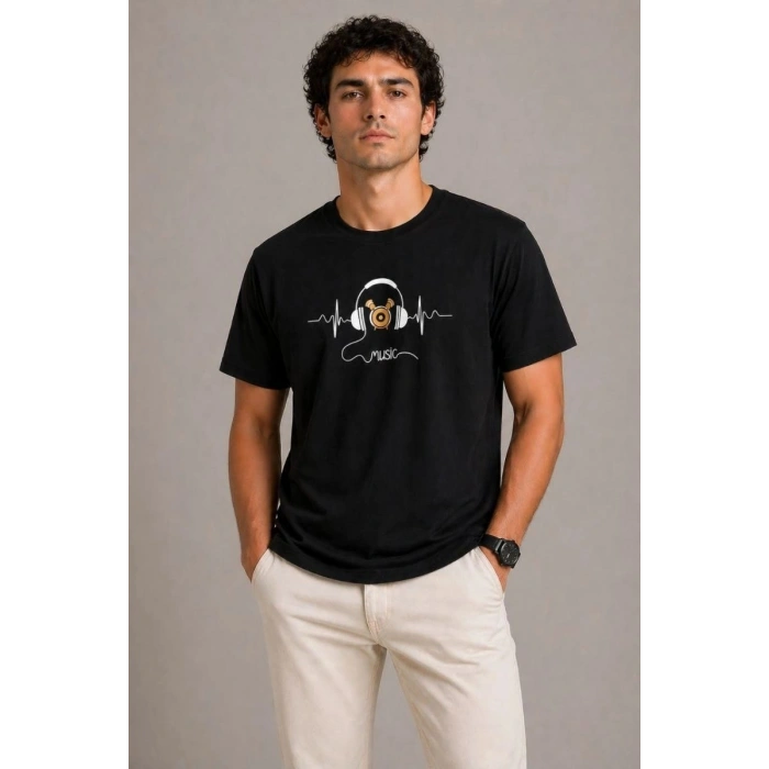 Erkek Müzik Temalı Baskılı Tişört Bisiklet Yaka Kısa Kol T-Shirt - Siyah