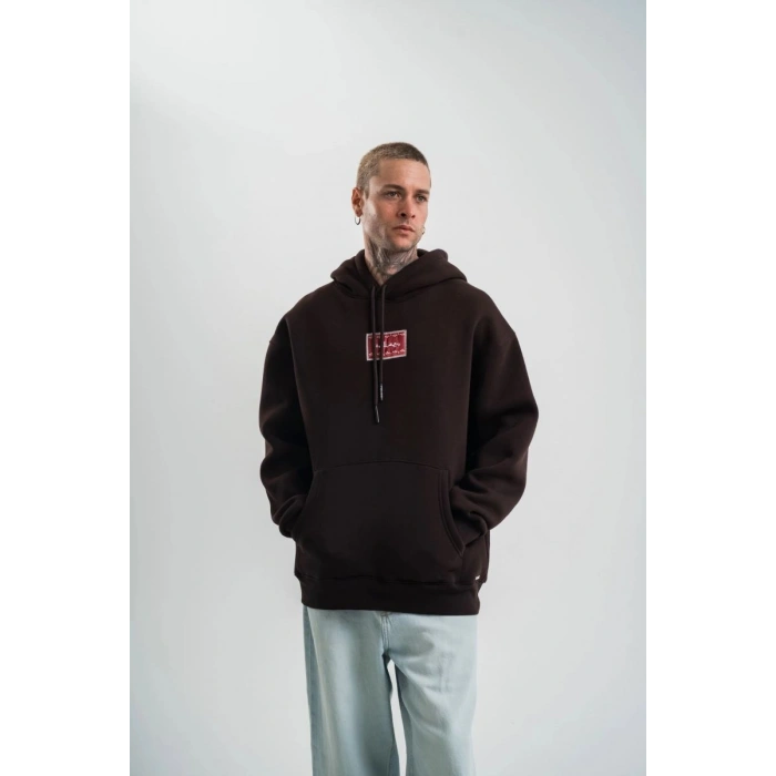 Erkek Nakışlı Kapüşonlu Oversize 3 İplik Pamuklu SweatShirt Hoodie - Siyah