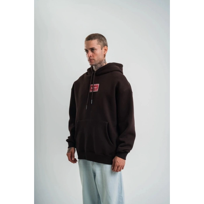 Erkek Nakışlı Kapüşonlu Oversize 3 İplik Pamuklu SweatShirt Hoodie - Siyah