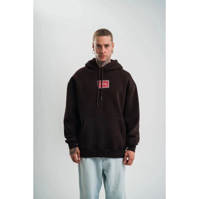 Erkek Nakışlı Kapüşonlu Oversize 3 İplik Pamuklu SweatShirt Hoodie - Siyah