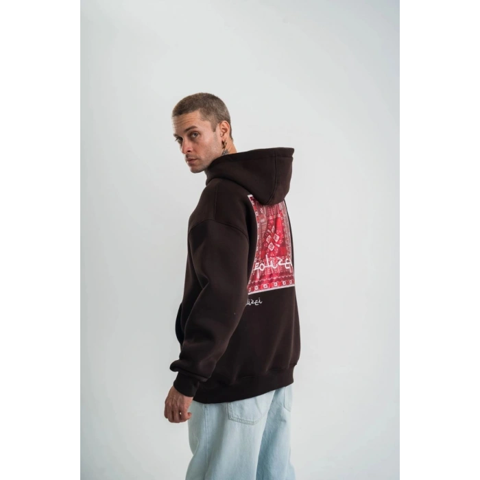 Erkek Nakışlı Kapüşonlu Oversize 3 İplik Pamuklu SweatShirt Hoodie - Siyah