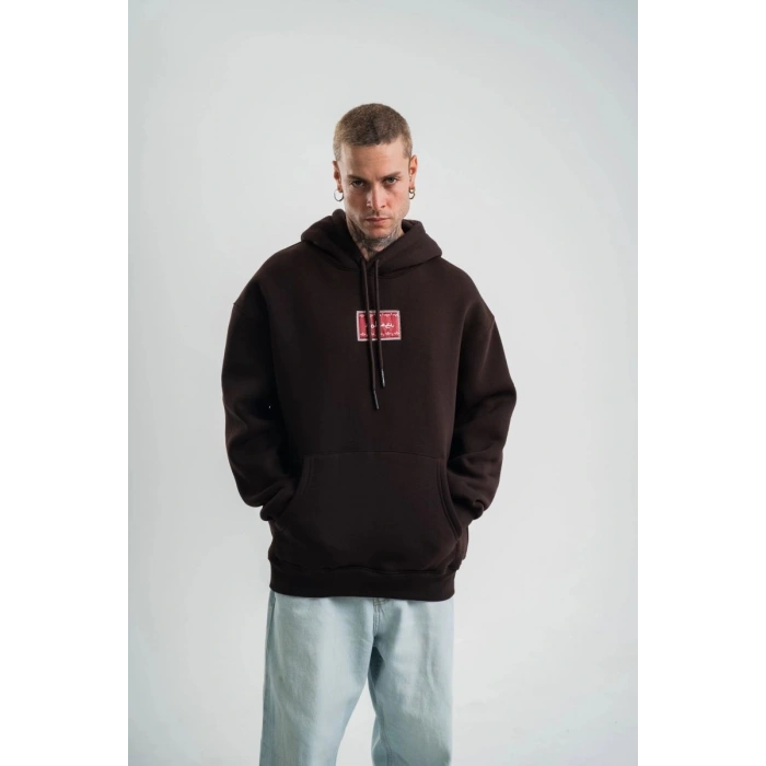 Erkek Nakışlı Kapüşonlu Oversize 3 İplik Pamuklu SweatShirt Hoodie - Siyah