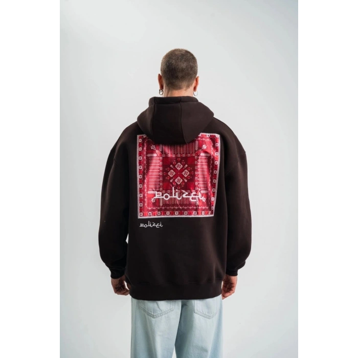 Erkek Nakışlı Kapüşonlu Oversize 3 İplik Pamuklu SweatShirt Hoodie - Siyah