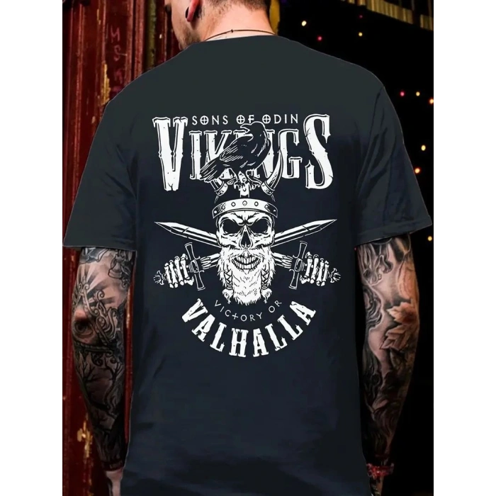 Erkek Ön ve Arka Baskılı T-Shirt Kısa Kol Bisiklet Yaka Regular Fit Tişört - Siyah