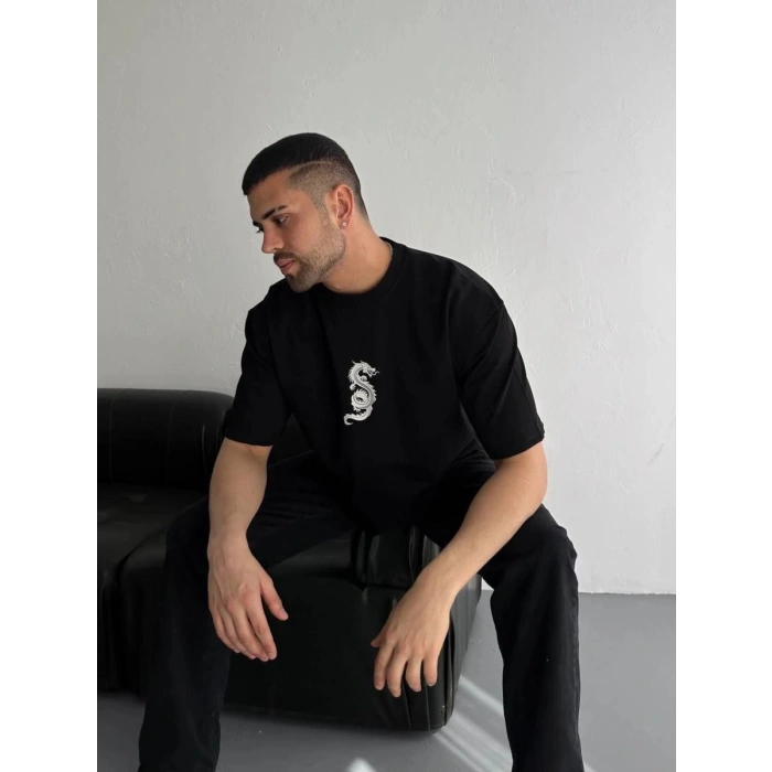Erkek Ön ve Arka Baskılı T-Shirt Kısa Kol Bisiklet Yaka Regular Fit Tişört - Siyah