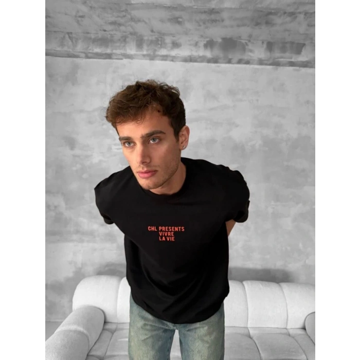 Erkek Ön ve Arka Baskılı T-Shirt Kısa Kol Bisiklet Yaka Regular Fit Tişört - Siyah