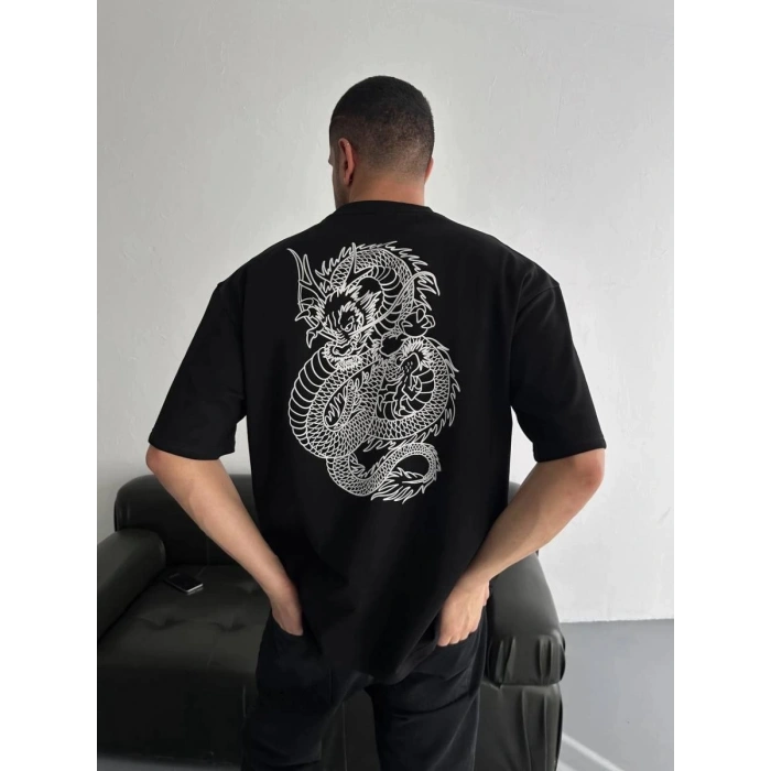 Erkek Ön ve Arka Baskılı T-Shirt Kısa Kol Bisiklet Yaka Regular Fit Tişört - Siyah