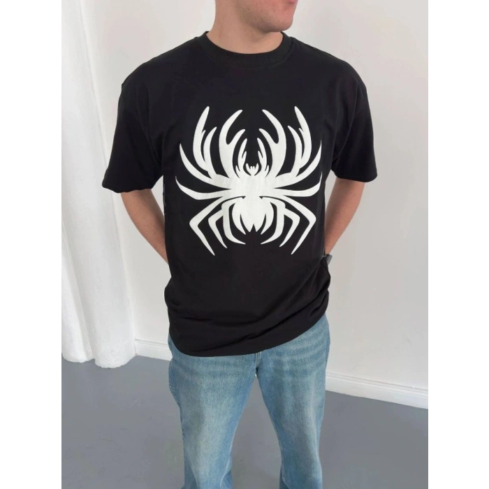 Erkek Örümcek Baskılı Tişört Kısa Kollu Bisiklet Yaka T-Shirt - Siyah