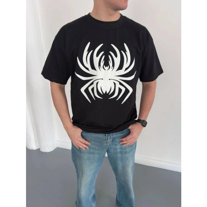 Erkek Örümcek Baskılı Tişört Kısa Kollu Bisiklet Yaka T-Shirt - Siyah