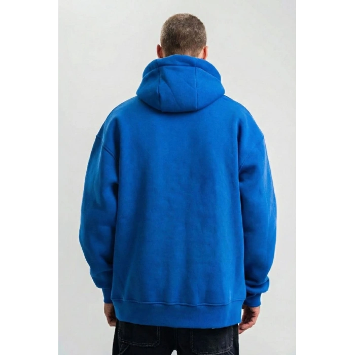 Erkek Oversize 3 İplik Pamuklu Kapüşonlu Kanguru Cepli Hoodie Sweatshirt - Saks Mavisi