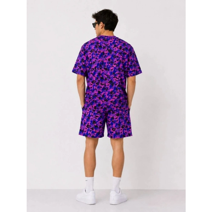 Erkek Oversize Kalıp Pubg Bape X Shark Nakışlı Cepli Şort Takım - Mor